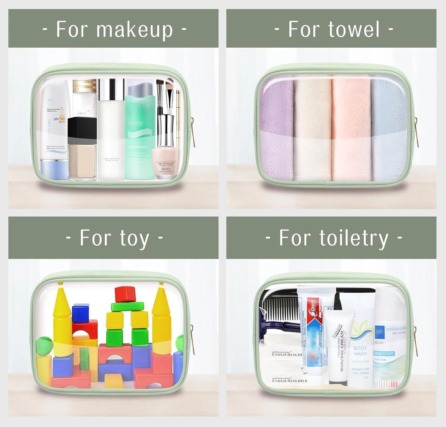TSA Toiletry Bag Clear Makeup Bag Travel Essentials Cosmetic Bag for Men and Women Green 2Pcs