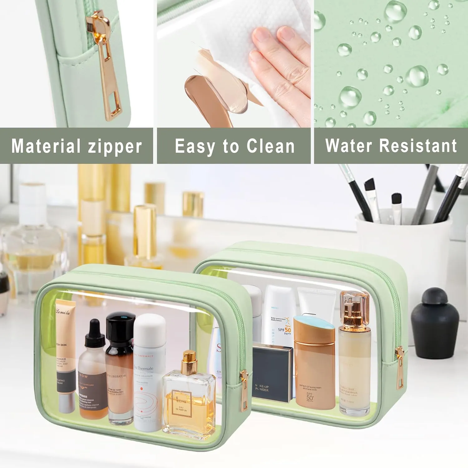 TSA Toiletry Bag Clear Makeup Bag Travel Essentials Cosmetic Bag for Men and Women Green 2Pcs