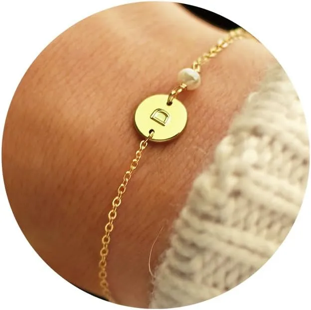 Turandoss Gold Initial Bracelets for Women - Initial Pearl Bracelets for Girls Gifts Disc Monogram Gold Jewelry for Women Teen Girl Gifts