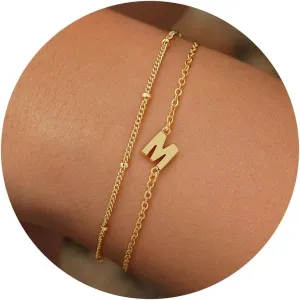 Turandoss Gold Initial Bracelets for Women Trendy - 18K Real Gold Plated Layered Letter A-Z Initial Bracelets Dainty 26 Alphabet Monogram Gold Bracelets for Women Jewelry Gifts Womens Gold Bracelets