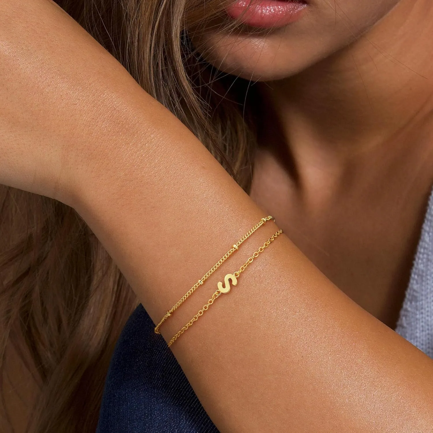 Turandoss Gold Initial Bracelets for Women Trendy - 18K Real Gold Plated Layered Letter A-Z Initial Bracelets Dainty 26 Alphabet Monogram Gold Bracelets for Women Jewelry Gifts Womens Gold Bracelets