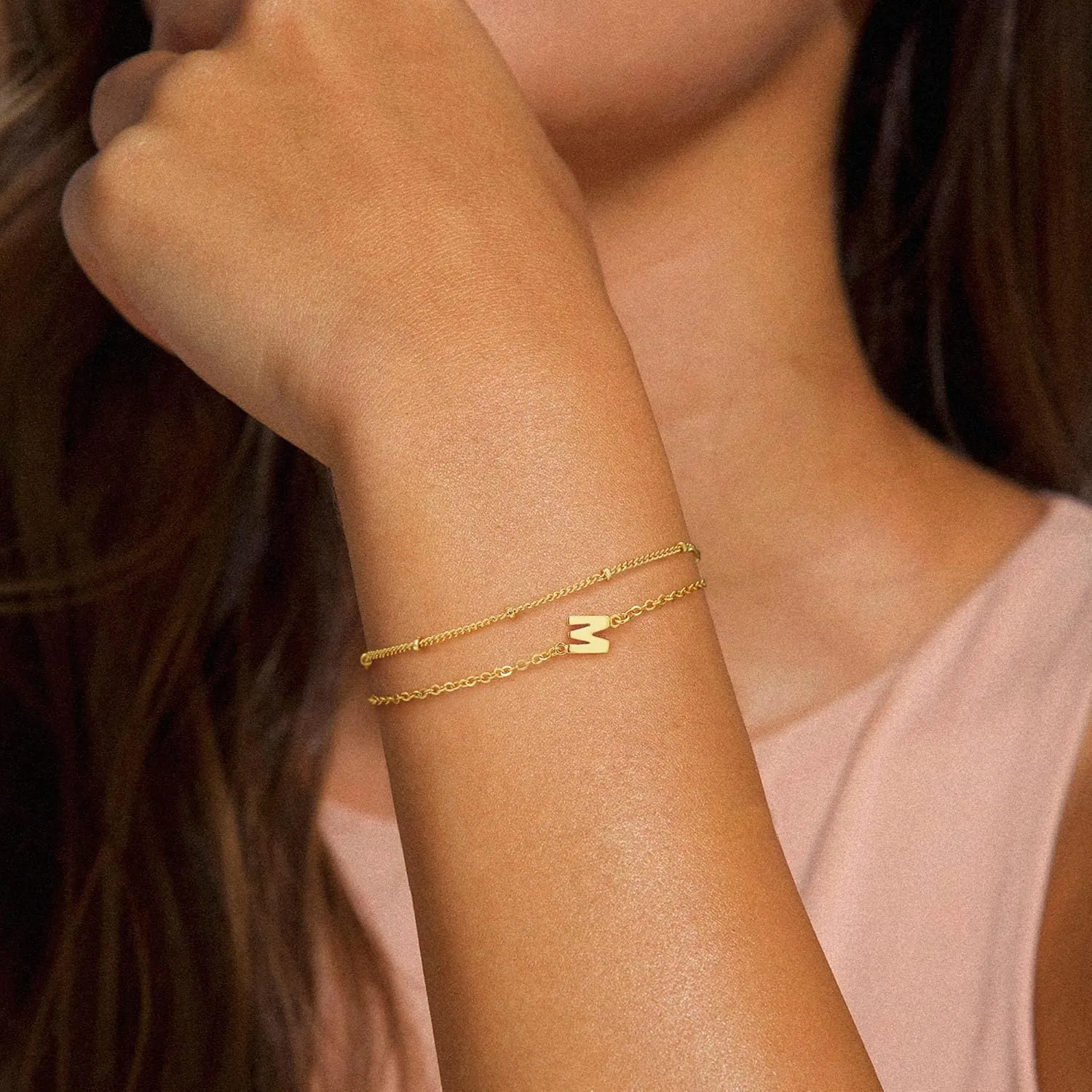 Turandoss Gold Initial Bracelets for Women Trendy - 18K Real Gold Plated Layered Letter A-Z Initial Bracelets Dainty 26 Alphabet Monogram Gold Bracelets for Women Jewelry Gifts Womens Gold Bracelets