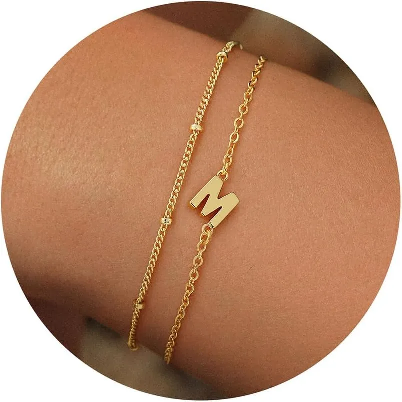 Turandoss Gold Initial Bracelets for Women Trendy - 18K Real Gold Plated Layered Letter A-Z Initial Bracelets Dainty 26 Alphabet Monogram Gold Bracelets for Women Jewelry Gifts Womens Gold Bracelets