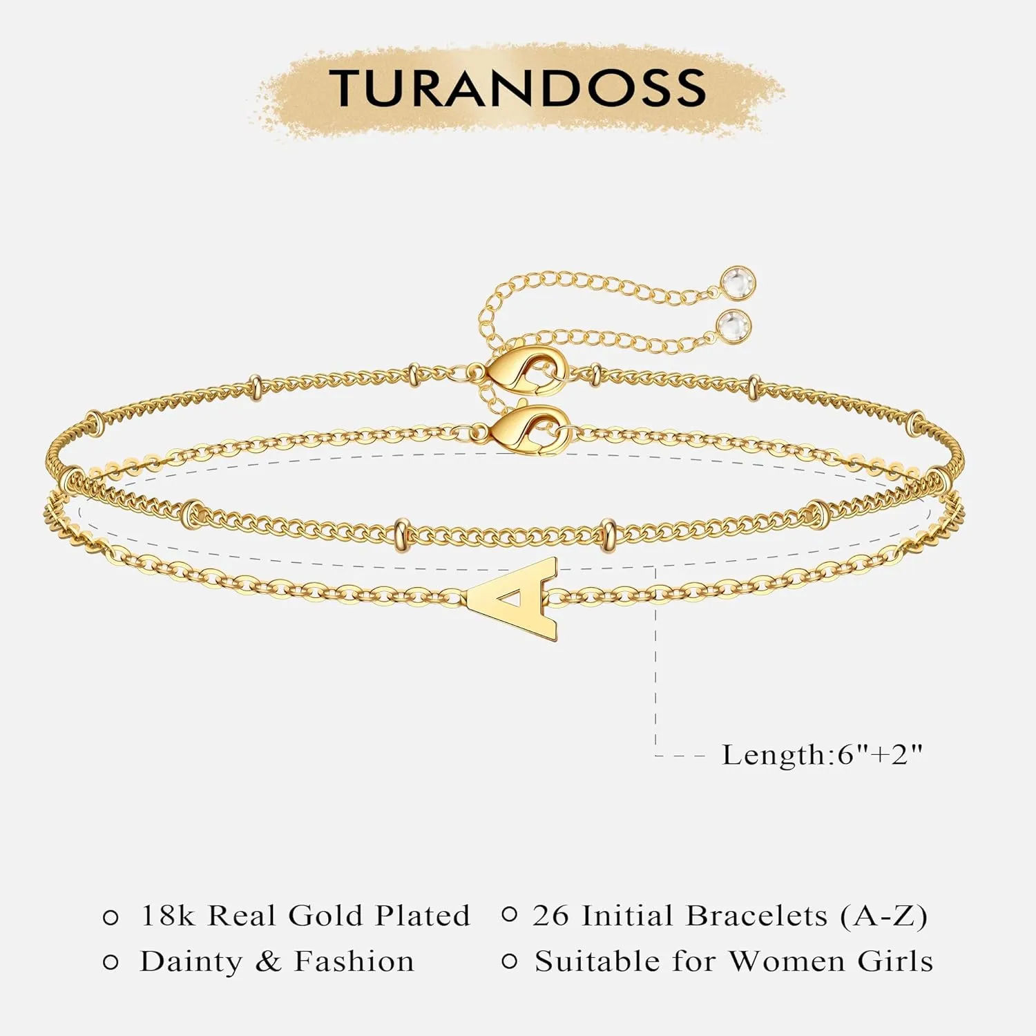 Turandoss Gold Initial Bracelets for Women Trendy - 18K Real Gold Plated Layered Letter A-Z Initial Bracelets Dainty 26 Alphabet Monogram Gold Bracelets for Women Jewelry Gifts Womens Gold Bracelets