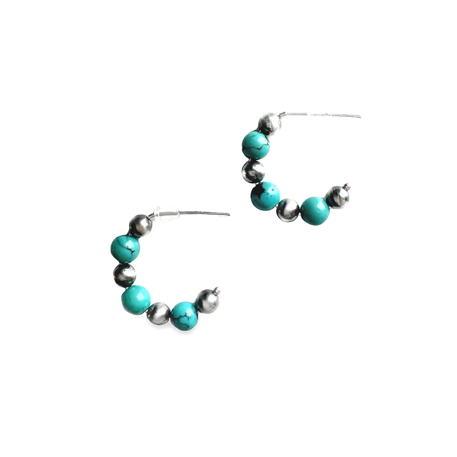Turquoise Earrings - Sterling Silver Navajo Pearl and Turquoise Hoop Earrings for Women, Beaded Western Jewelry, Boho Earrings, Beaded Gemstone Hoop Earrings Handmade in the USA