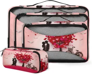 Valentine's Day Tree Of Love 4 Piece Packing Travel Organizer Cubes Set Mesh Fabric Ventilate Design Lightweight Travel Accessories 4 Sizes (Extra Large, Large, Medium, Small)