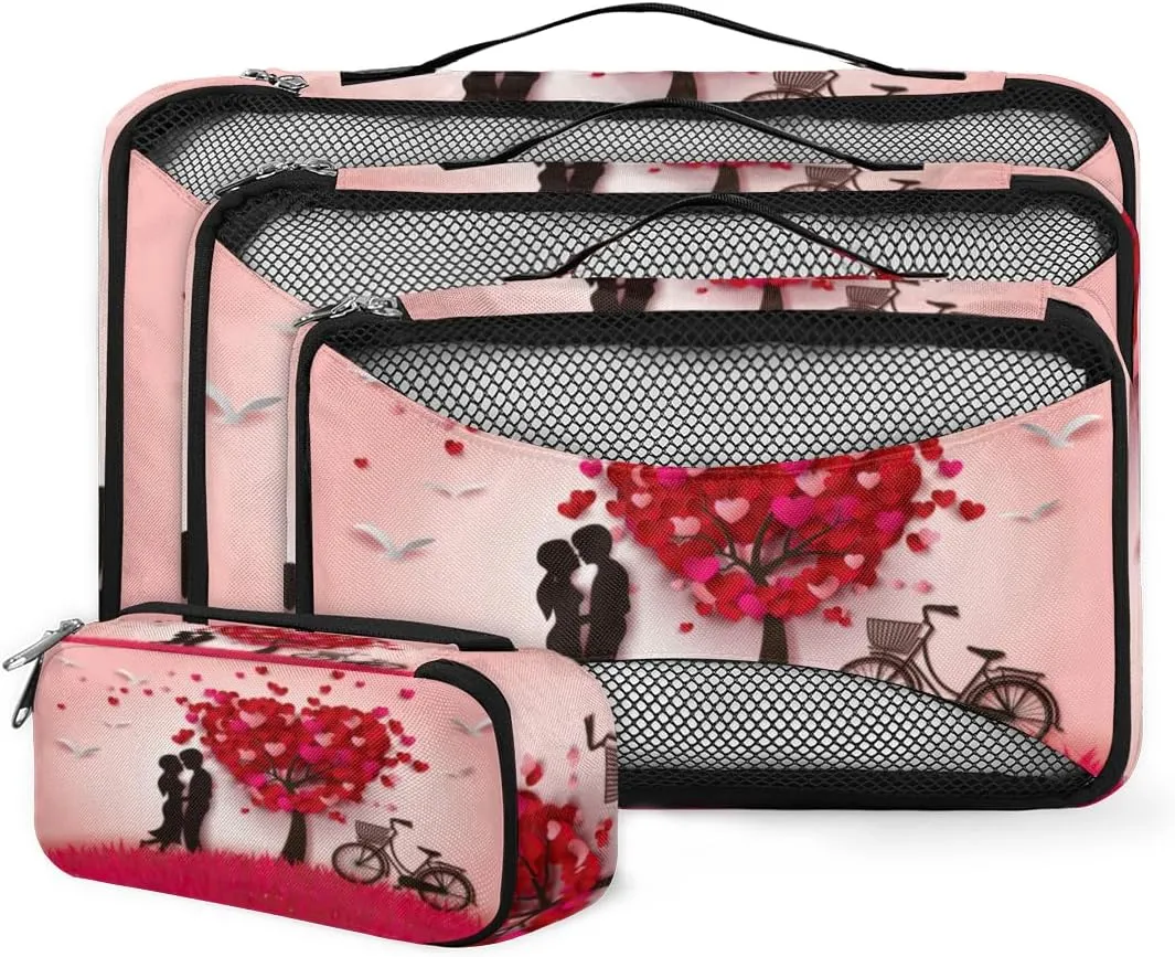 Valentine's Day Tree Of Love 4 Piece Packing Travel Organizer Cubes Set Mesh Fabric Ventilate Design Lightweight Travel Accessories 4 Sizes (Extra Large, Large, Medium, Small)