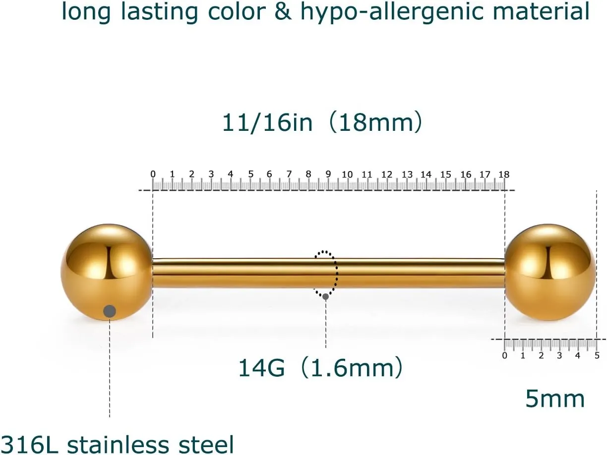 VCMART 12mm-18mm 14G Tongue Rings Nipple Straight Barbells Surgical Steel Body Piercing Jewelry
