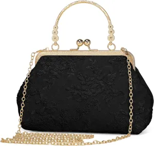 Vintage Embroidery Lace Floral Clutch Purse for Women Formal Evening Bag Kiss Lock Handbag Wedding Cocktail Party Purse