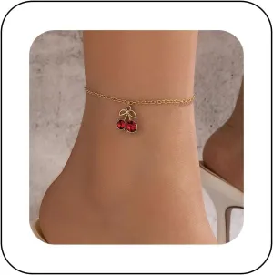 Vintage Red Cherry Anklet Chain Red Ruby Dangle Ankle Bracelet Gold Anklet Bracelet Summer Beach Foot Chain Jewellery for Women
