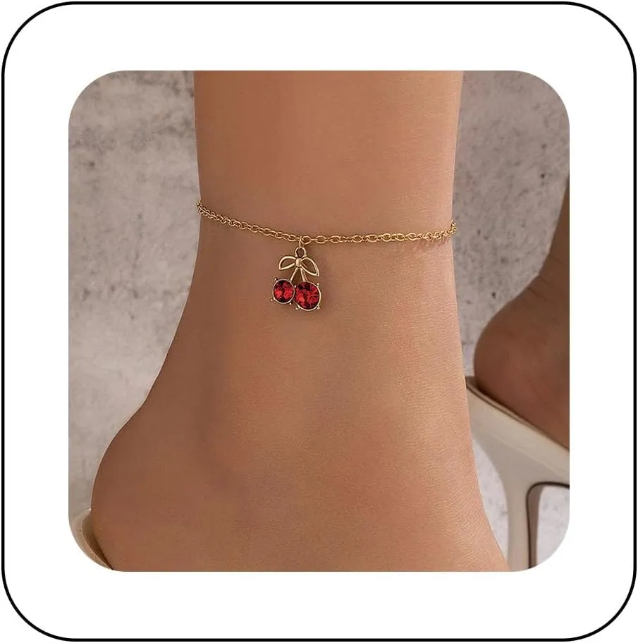 Vintage Red Cherry Anklet Chain Red Ruby Dangle Ankle Bracelet Gold Anklet Bracelet Summer Beach Foot Chain Jewellery for Women
