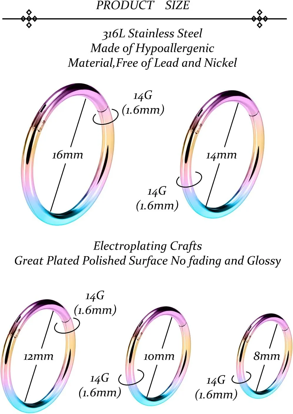 Vsnnsns 14G 16G Septum Nose Rings Hoops Lip Ring Piercing Jewelry 316L Surgical Steel Hinged Segment Clicker Cartilage Tragus Helix Conch Rook Daith Lobe Earrings Hoops Piercing Jewelry for Women Men