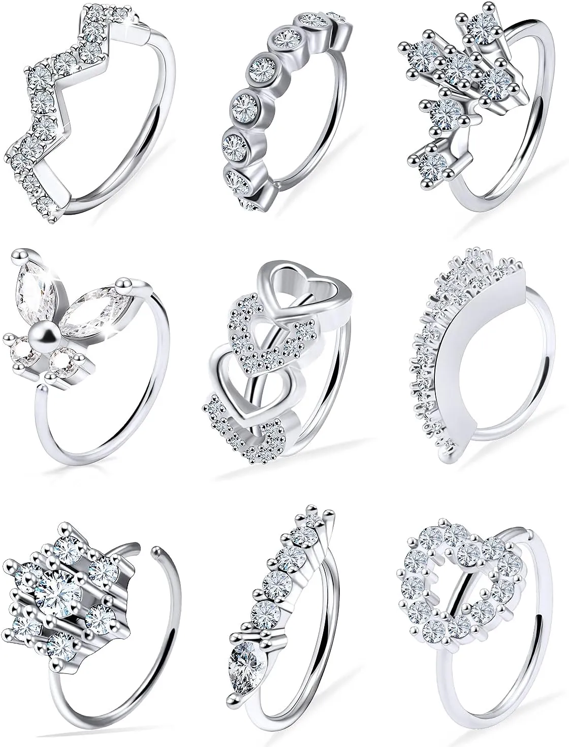 Vsnnsns 20G Nose Rings Hoops for Women 316L Stainless Surgical Steel Heart Butterfly Flower Cross Cubic Zirconia Nose Rings Hoops Piercing Jewelry for Women Men 20 Gauge Silver Black Rose Gold 8MM