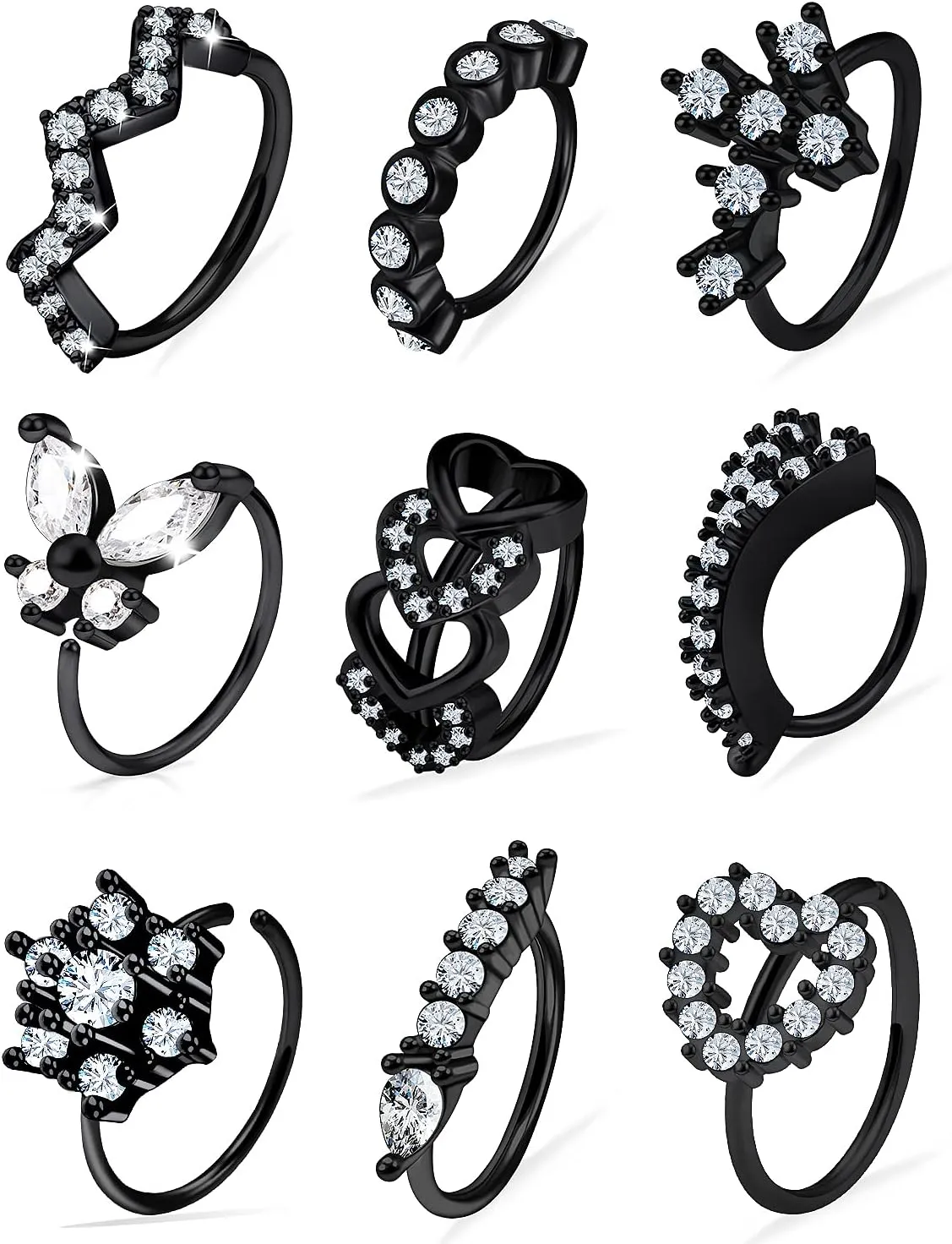 Vsnnsns 20G Nose Rings Hoops for Women 316L Stainless Surgical Steel Heart Butterfly Flower Cross Cubic Zirconia Nose Rings Hoops Piercing Jewelry for Women Men 20 Gauge Silver Black Rose Gold 8MM