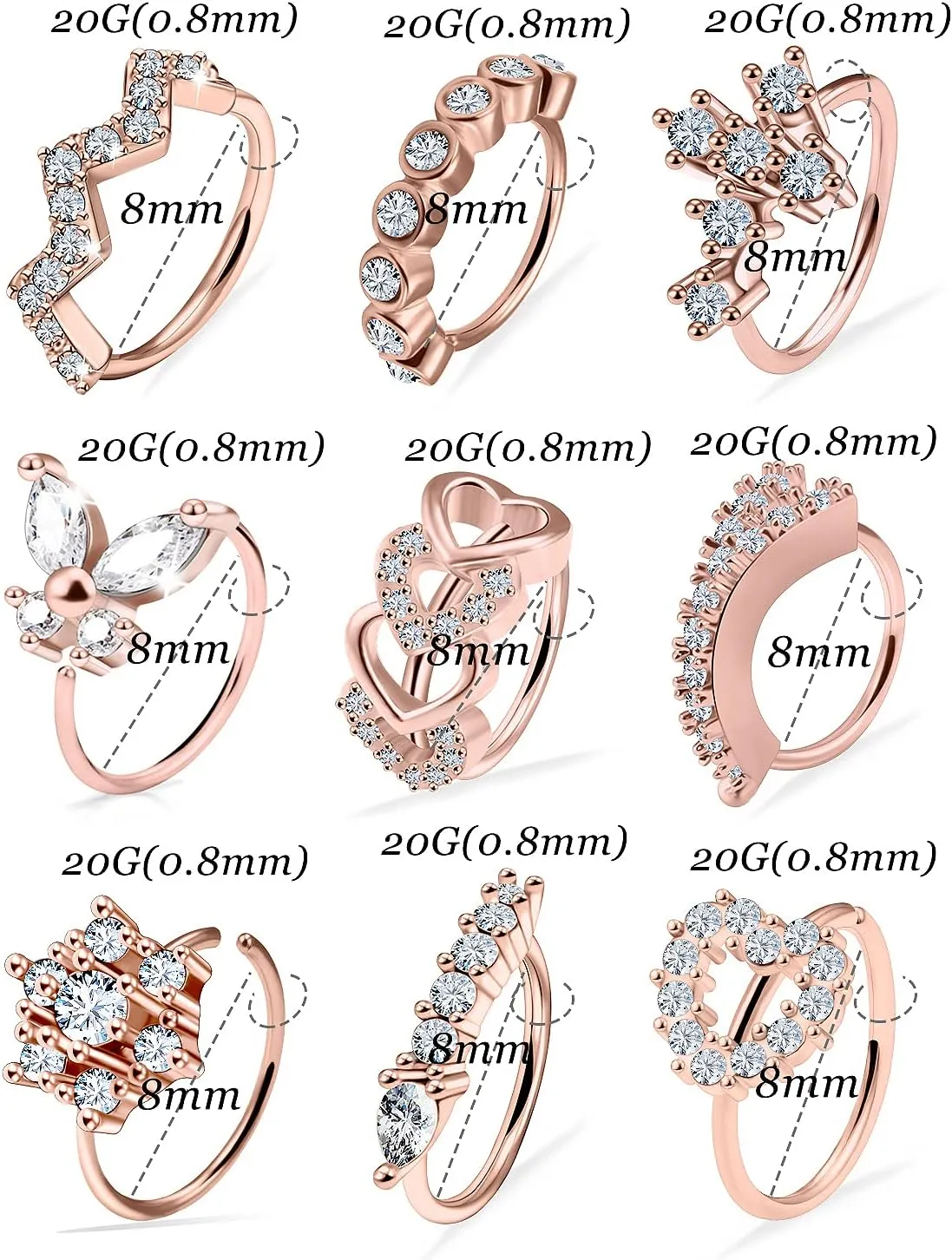 Vsnnsns 20G Nose Rings Hoops for Women 316L Stainless Surgical Steel Heart Butterfly Flower Cross Cubic Zirconia Nose Rings Hoops Piercing Jewelry for Women Men 20 Gauge Silver Black Rose Gold 8MM