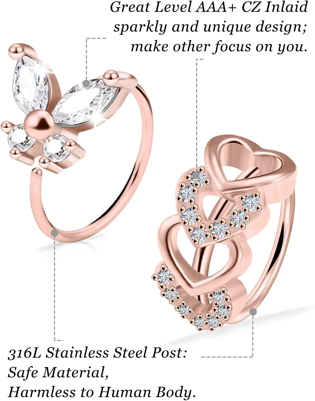 Vsnnsns 20G Nose Rings Hoops for Women 316L Stainless Surgical Steel Heart Butterfly Flower Cross Cubic Zirconia Nose Rings Hoops Piercing Jewelry for Women Men 20 Gauge Silver Black Rose Gold 8MM