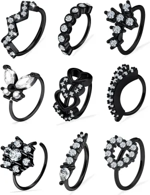 Vsnnsns 20G Nose Rings Hoops for Women 316L Stainless Surgical Steel Heart Butterfly Flower Cross Cubic Zirconia Nose Rings Hoops Piercing Jewelry for Women Men 20 Gauge Silver Black Rose Gold 8MM