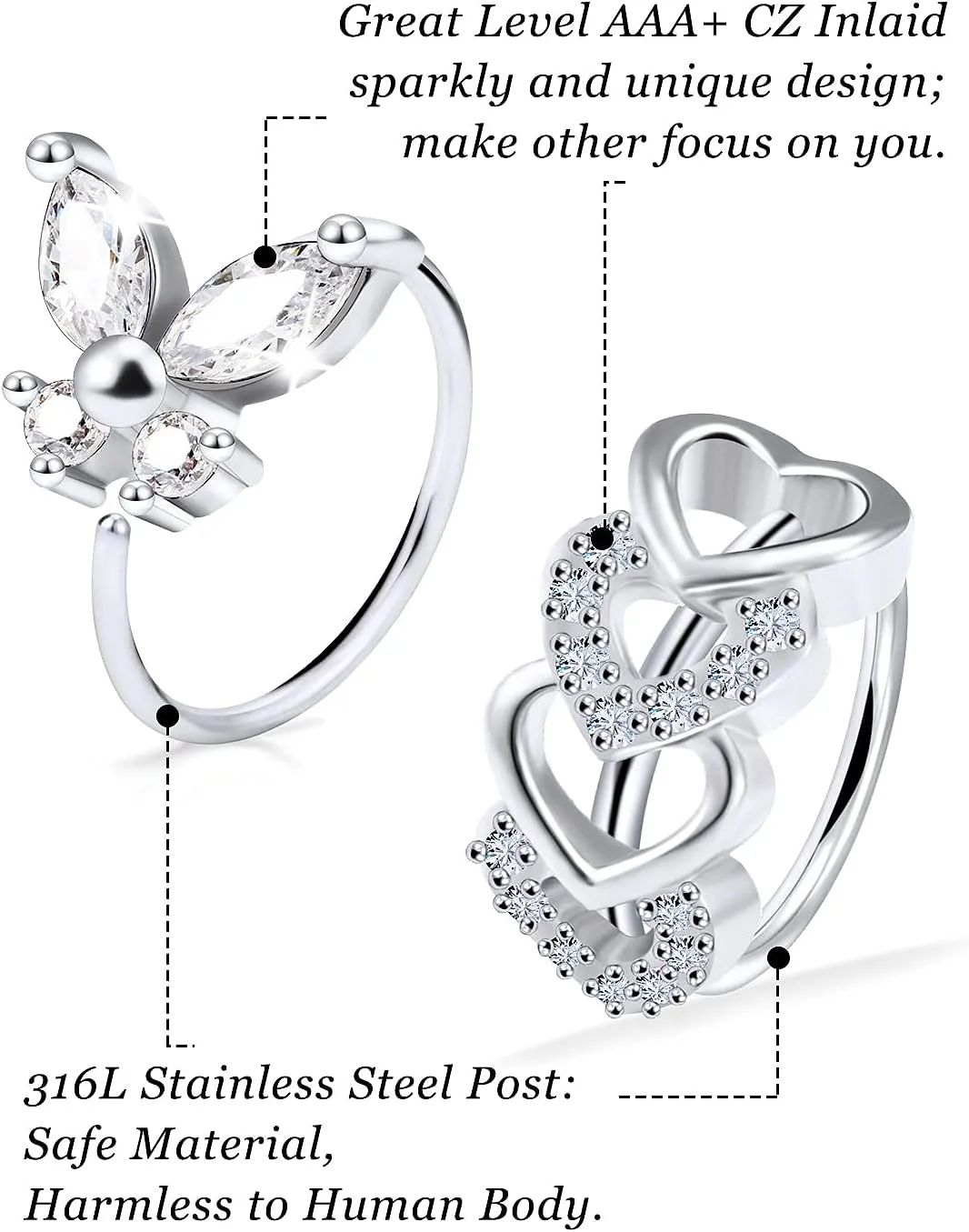 Vsnnsns 20G Nose Rings Hoops for Women 316L Stainless Surgical Steel Heart Butterfly Flower Cross Cubic Zirconia Nose Rings Hoops Piercing Jewelry for Women Men 20 Gauge Silver Black Rose Gold 8MM