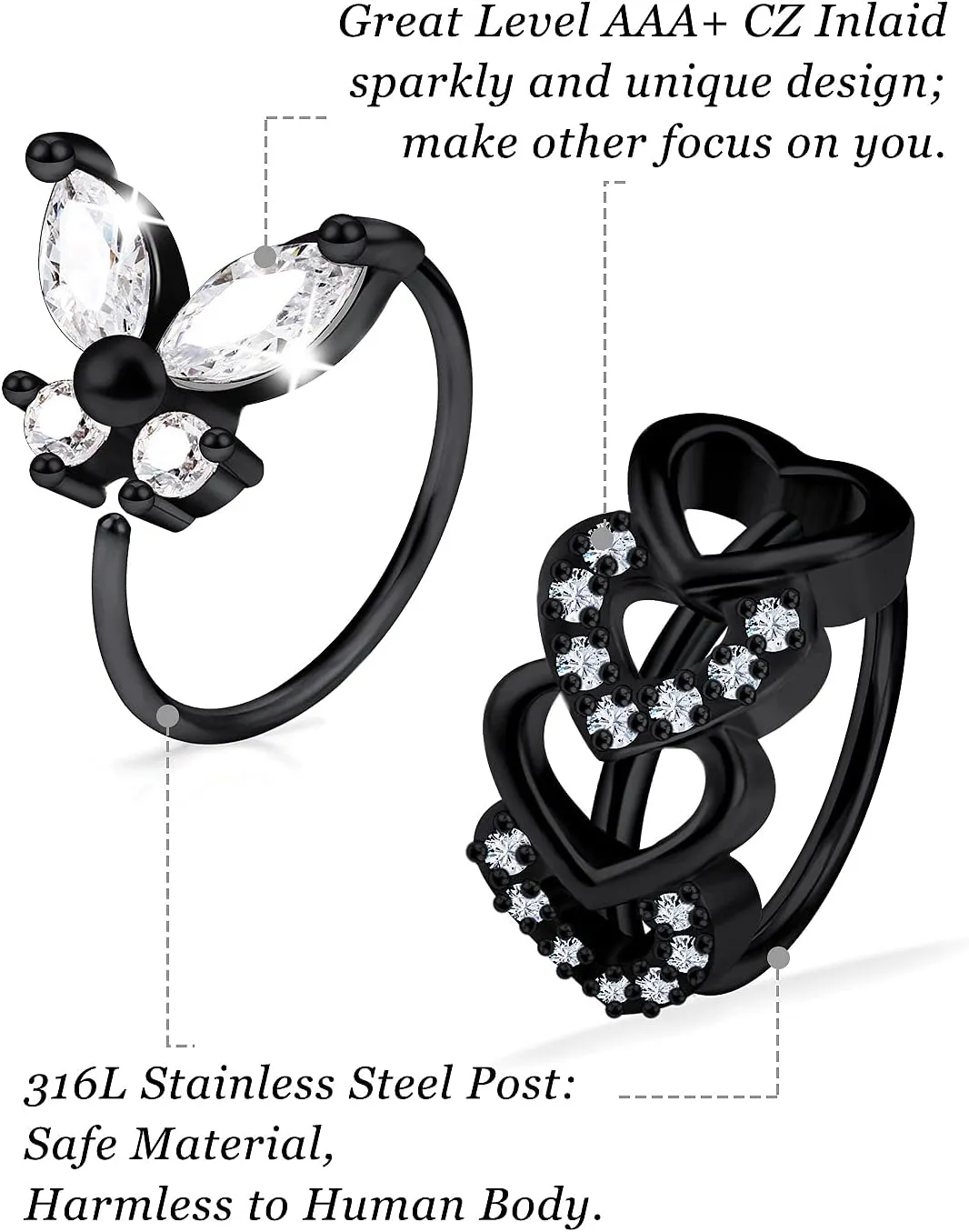 Vsnnsns 20G Nose Rings Hoops for Women 316L Stainless Surgical Steel Heart Butterfly Flower Cross Cubic Zirconia Nose Rings Hoops Piercing Jewelry for Women Men 20 Gauge Silver Black Rose Gold 8MM
