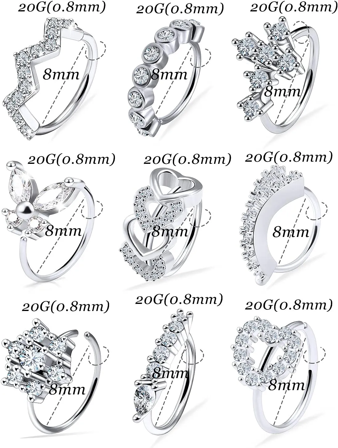 Vsnnsns 20G Nose Rings Hoops for Women 316L Stainless Surgical Steel Heart Butterfly Flower Cross Cubic Zirconia Nose Rings Hoops Piercing Jewelry for Women Men 20 Gauge Silver Black Rose Gold 8MM