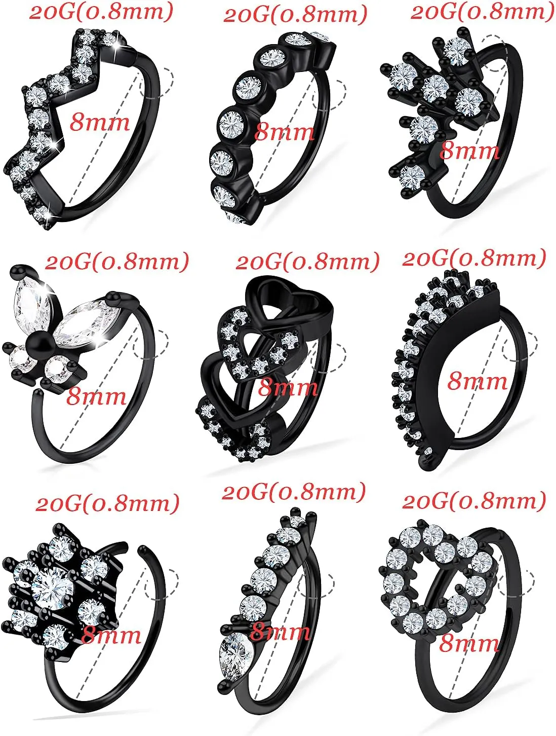 Vsnnsns 20G Nose Rings Hoops for Women 316L Stainless Surgical Steel Heart Butterfly Flower Cross Cubic Zirconia Nose Rings Hoops Piercing Jewelry for Women Men 20 Gauge Silver Black Rose Gold 8MM