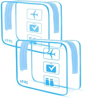 VYRL 2 Pack Clear Makeup Bag - Quart Size 3-1-1 TSA Approved Toiletry Bag with Zipper - Water-Resistant Durable PVC Clear Toiletry Bag for Carry-on Airport Travel Accessories - Blue
