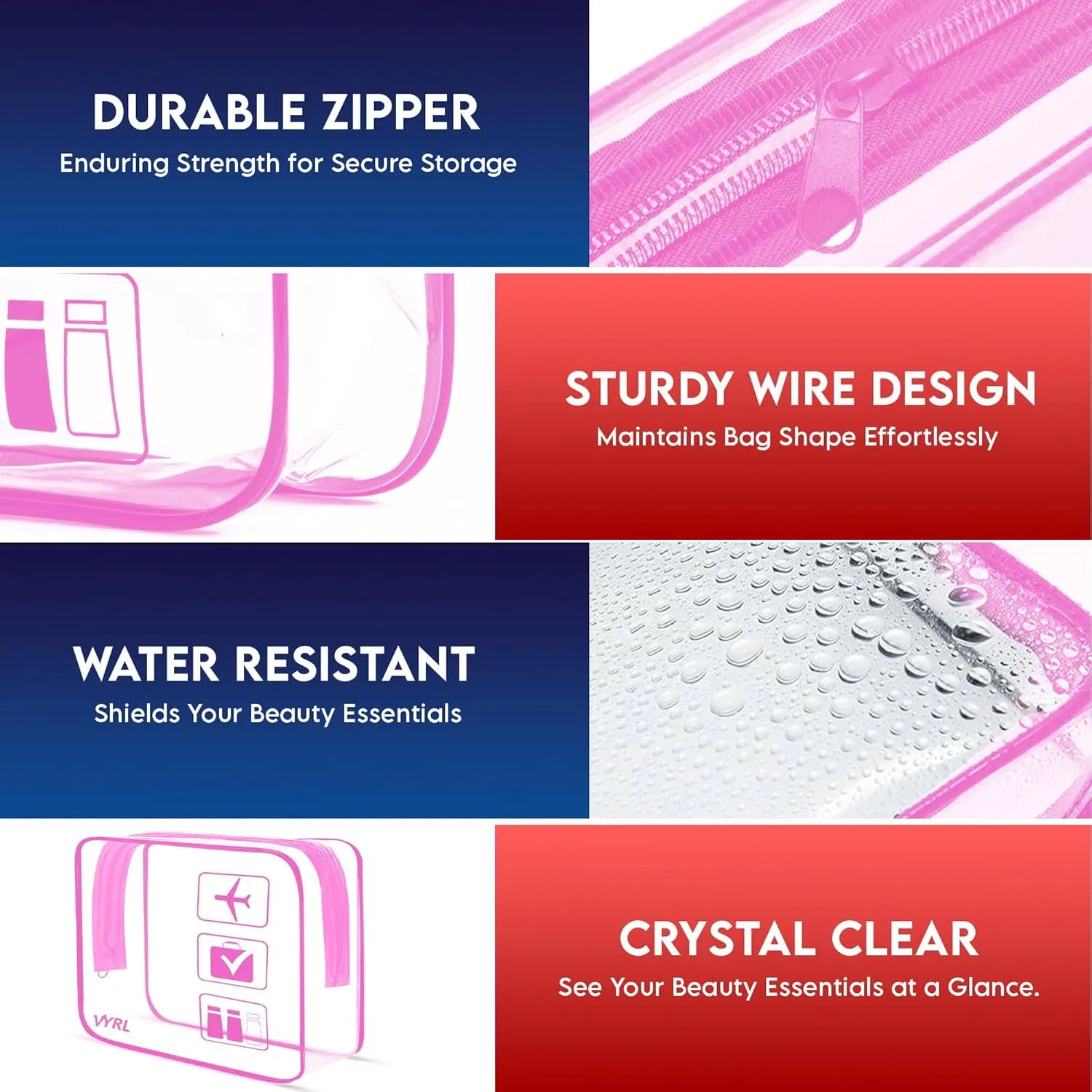 VYRL 2 Pack Clear Makeup Bag - Quart Size 3-1-1 TSA Approved Toiletry Bag with Zipper - Water-Resistant Durable PVC Clear Toiletry Bag for Carry-on Airport Travel Accessories - Rose Pink