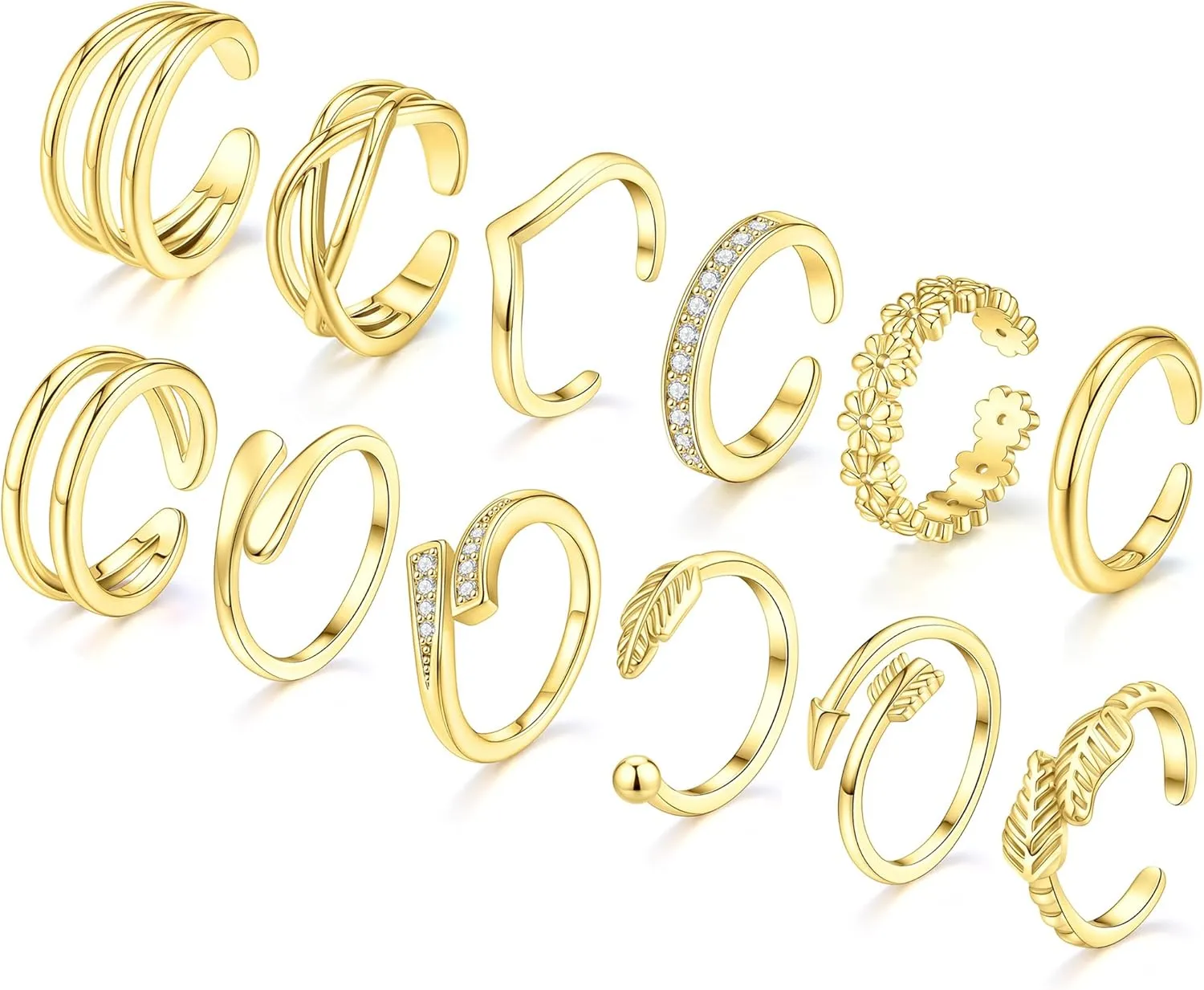 WAINIS 12Pcs Toe Rings for Women Non Tarnish 14K Gold Silver Toe Ring Set Simple Cute Open Adjustable Band Toe Ring Hawaiian Beach Summer Foot Jewelry