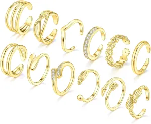 WAINIS 12Pcs Toe Rings for Women Non Tarnish 14K Gold Silver Toe Ring Set Simple Cute Open Adjustable Band Toe Ring Hawaiian Beach Summer Foot Jewelry