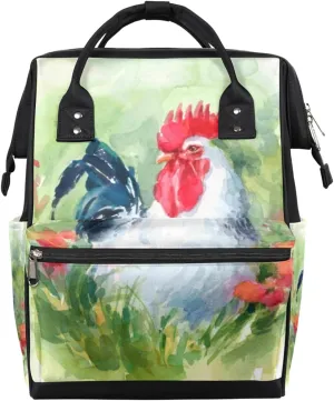 Watercolor Farm Bird Rooster Diaper Bag Tote Large Capacity Waterproof with Adjustable Shoulder Strap and Pram Straps Mommy Bag for Hospital Beach Weekender Travel