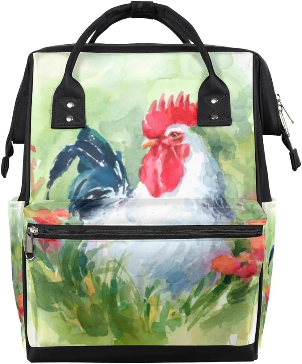 Watercolor Farm Bird Rooster Diaper Bag Tote Large Capacity Waterproof with Adjustable Shoulder Strap and Pram Straps Mommy Bag for Hospital Beach Weekender Travel