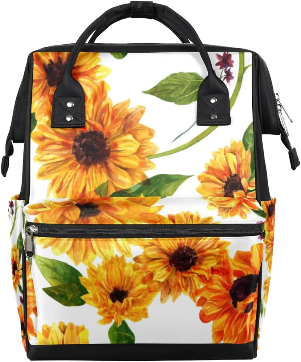 Watercolour Sunflowers Diaper Bag Tote Large Capacity Waterproof with Adjustable Shoulder Strap and Pram Straps Mommy Bag for Hospital Beach Weekender Travel