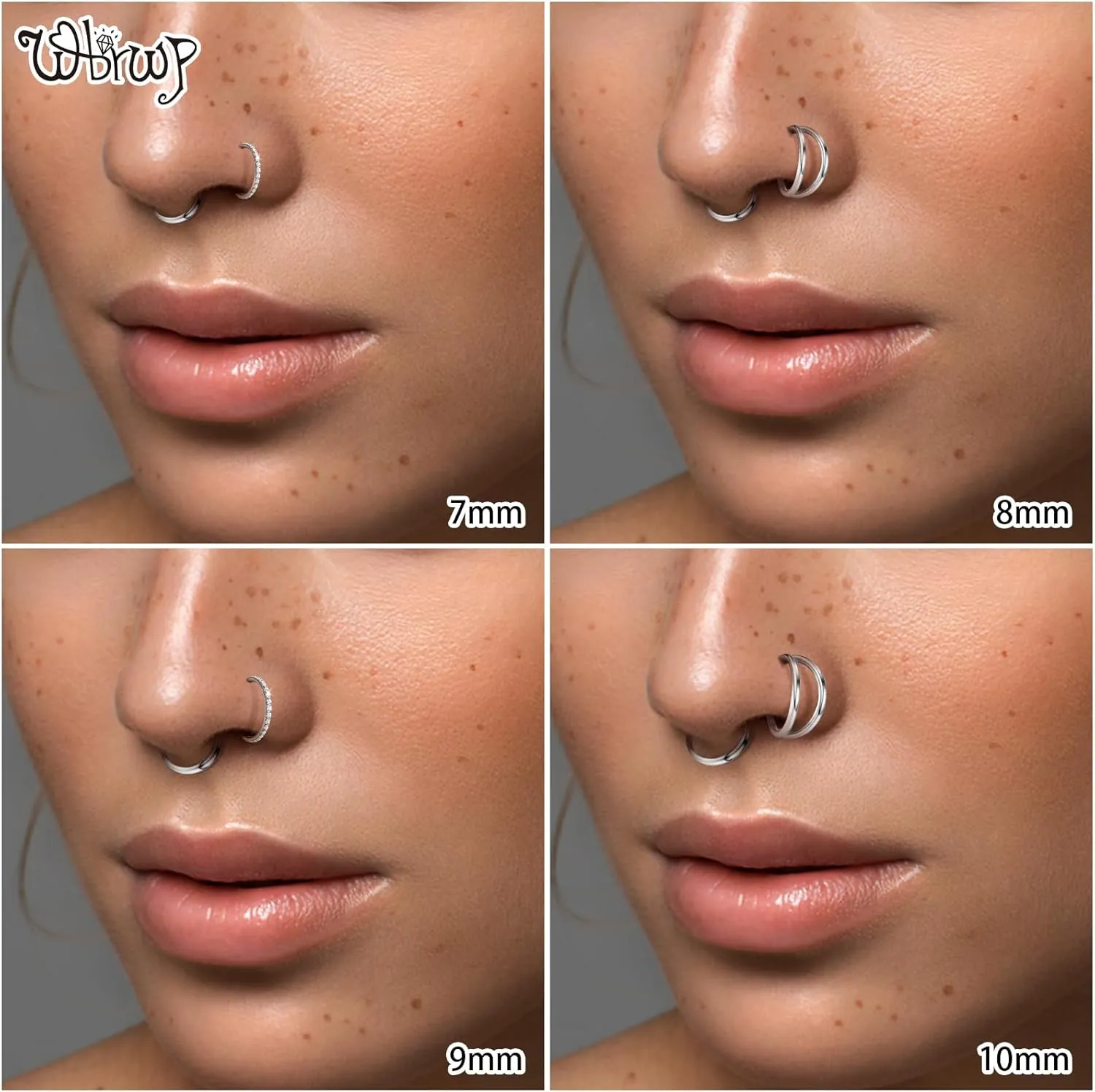 WBRWP Nose Rings Hoops: 316L Surgical Steel Double Hoop Nose Rings 14G 16G 18G 20G Hinged CZ Septum Conch Clicker Lip Rings Cartilage Helix Rook Tragus Daith Earring Hoops Body Piercing Jewelry 7mm 8mm 9mm 10mm