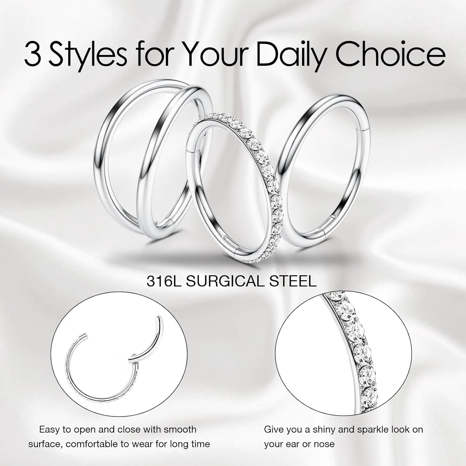 WBRWP Nose Rings Hoops: 316L Surgical Steel Double Hoop Nose Rings 14G 16G 18G 20G Hinged CZ Septum Conch Clicker Lip Rings Cartilage Helix Rook Tragus Daith Earring Hoops Body Piercing Jewelry 7mm 8mm 9mm 10mm
