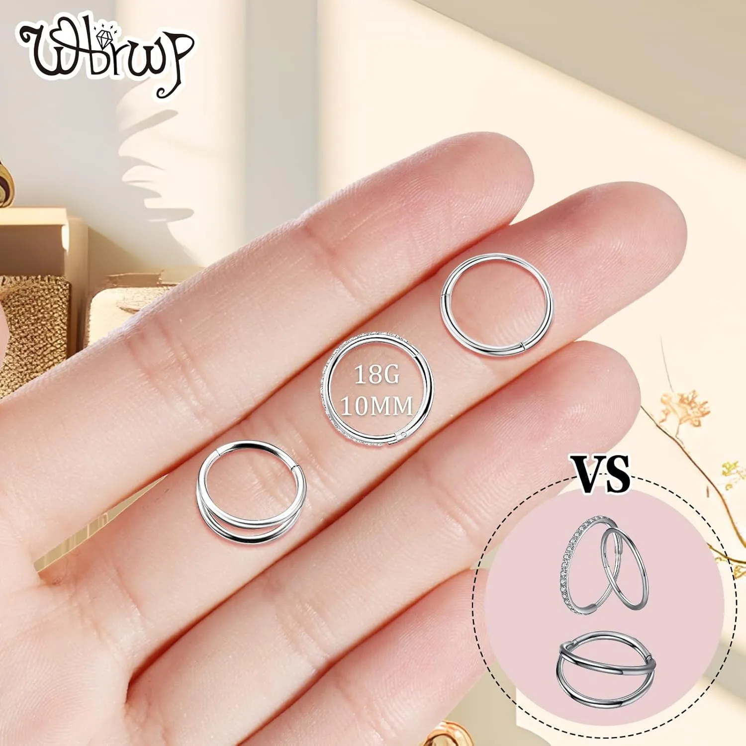 WBRWP Nose Rings Hoops: 316L Surgical Steel Double Hoop Nose Rings 14G 16G 18G 20G Hinged CZ Septum Conch Clicker Lip Rings Cartilage Helix Rook Tragus Daith Earring Hoops Body Piercing Jewelry 7mm 8mm 9mm 10mm