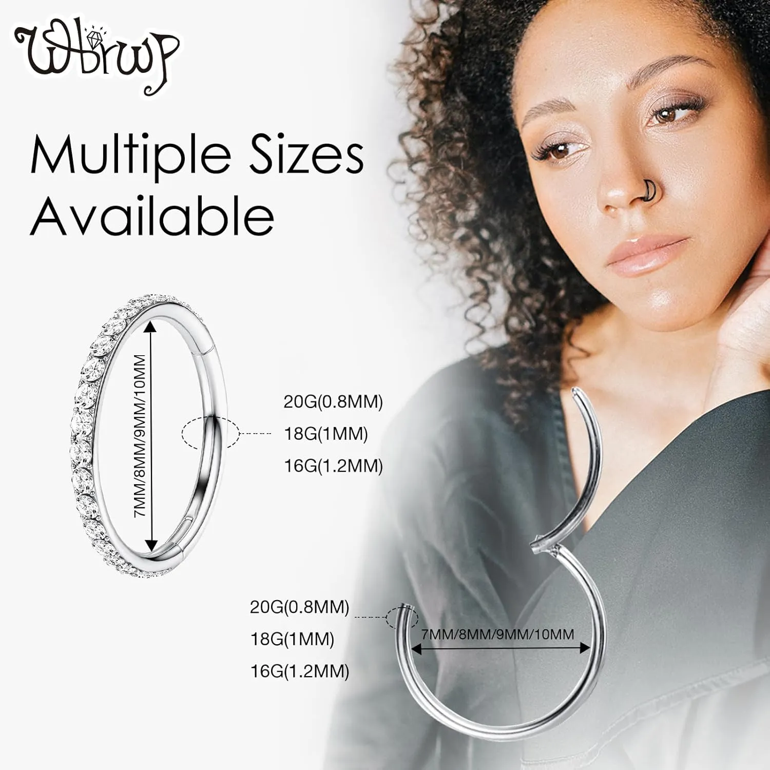 WBRWP Nose Rings Hoops: 316L Surgical Steel Double Hoop Nose Rings 14G 16G 18G 20G Hinged CZ Septum Conch Clicker Lip Rings Cartilage Helix Rook Tragus Daith Earring Hoops Body Piercing Jewelry 7mm 8mm 9mm 10mm