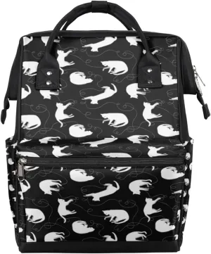White Cat Simple Line Black Diaper Bag Tote Large Capacity Waterproof with Adjustable Shoulder Strap and Pram Straps Mommy Bag for Hospital Beach Weekender Travel