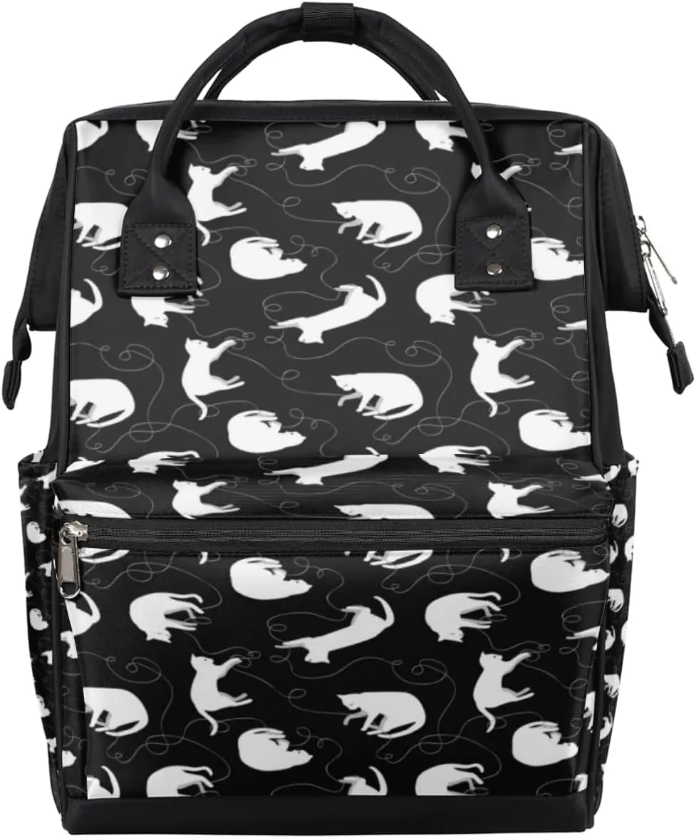 White Cat Simple Line Black Diaper Bag Tote Large Capacity Waterproof with Adjustable Shoulder Strap and Pram Straps Mommy Bag for Hospital Beach Weekender Travel