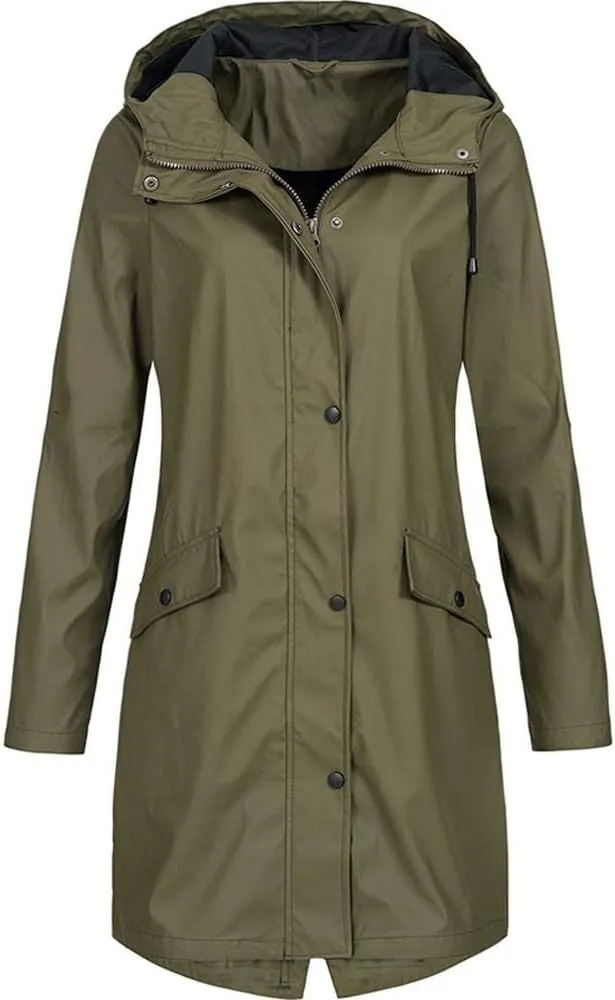 Windproof Jacket for Women Long Sleeve Button Hooded Plain Long Windbreaker with Pocket with Hood Zipper Loose Fit Plus Size