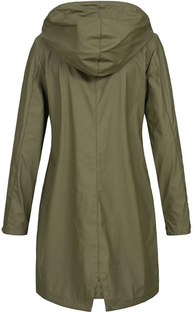 Windproof Jacket for Women Long Sleeve Button Hooded Plain Long Windbreaker with Pocket with Hood Zipper Loose Fit Plus Size