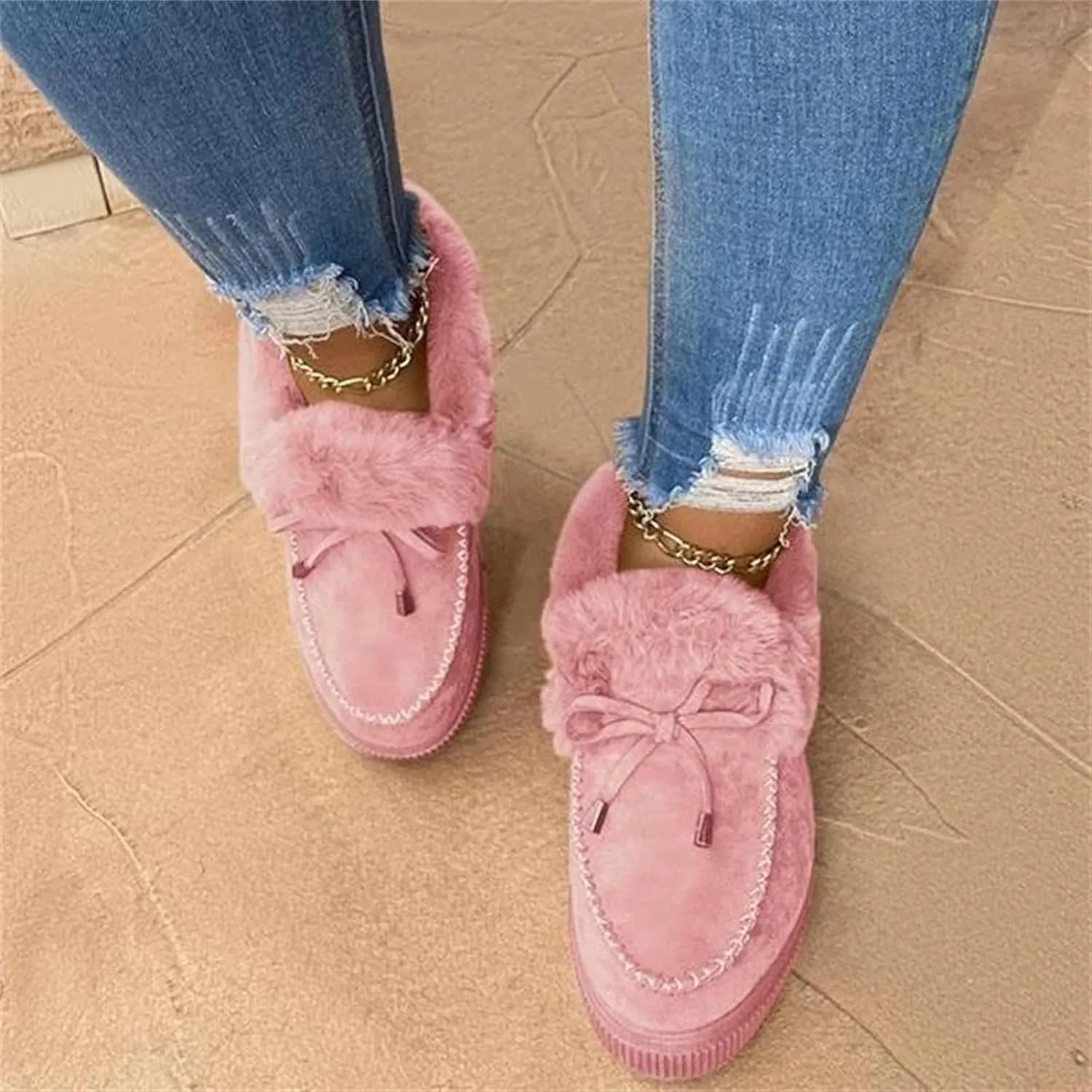Winter Boots For Women Fashion Warm Snow Fuzzy Ankle Booties Cute Silp On Comfortable Casual Fur Lined Loafers Shoes