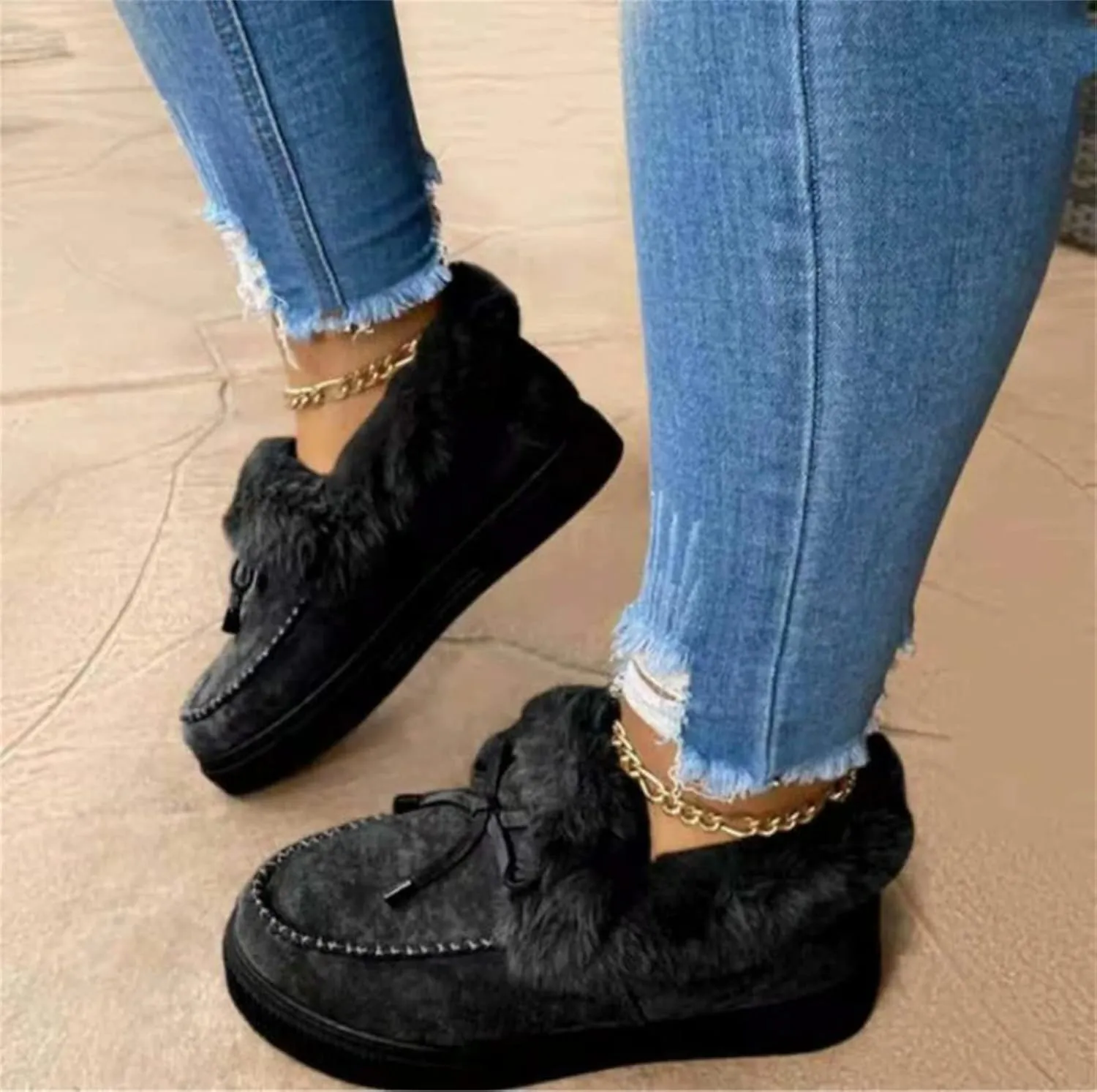 Winter Boots For Women Fashion Warm Snow Fuzzy Ankle Booties Cute Silp On Comfortable Casual Fur Lined Loafers Shoes