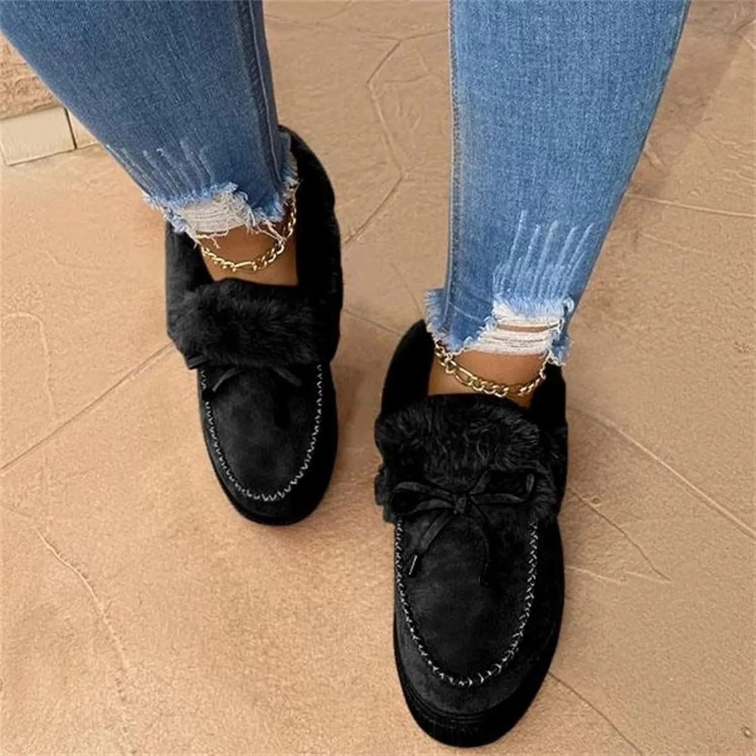 Winter Boots For Women Fashion Warm Snow Fuzzy Ankle Booties Cute Silp On Comfortable Casual Fur Lined Loafers Shoes