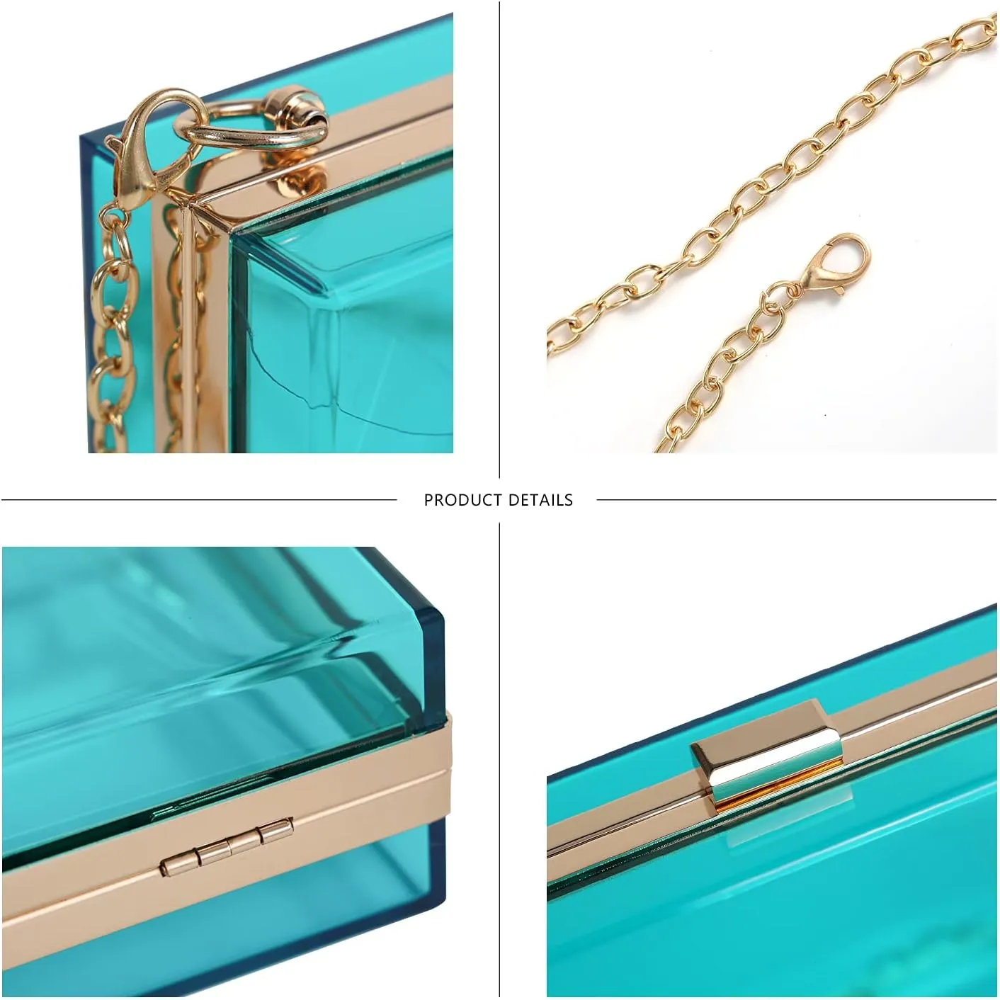 WJCD Women Clear Purse Acrylic Box Clutch Handbag, Small Transparent Crossbody Evening Bag Stadium Approved Gold Chain Strap