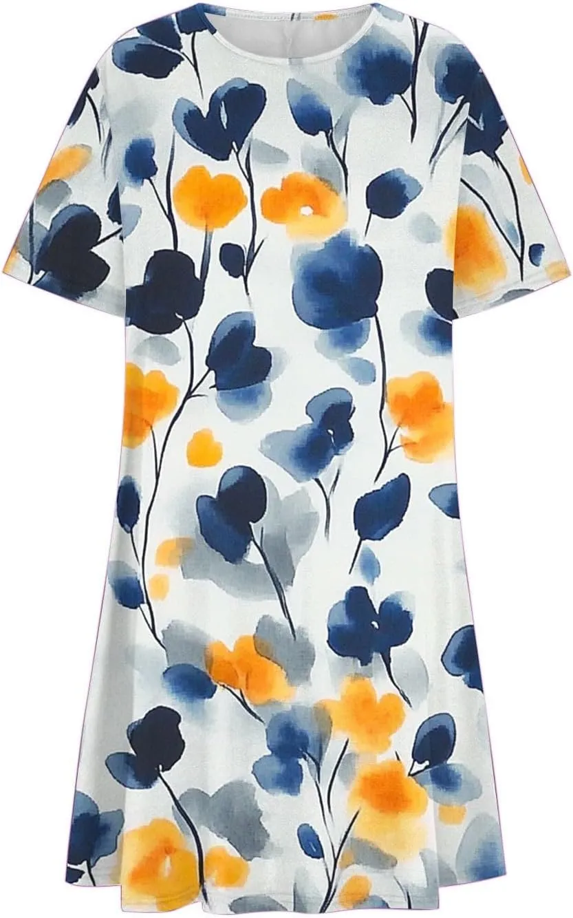Women 2025 Mini Dresses Summer Casual Short Sleeve Cute Crew Neck Flowy Dress Loose Fit Floral Print Beach Dress