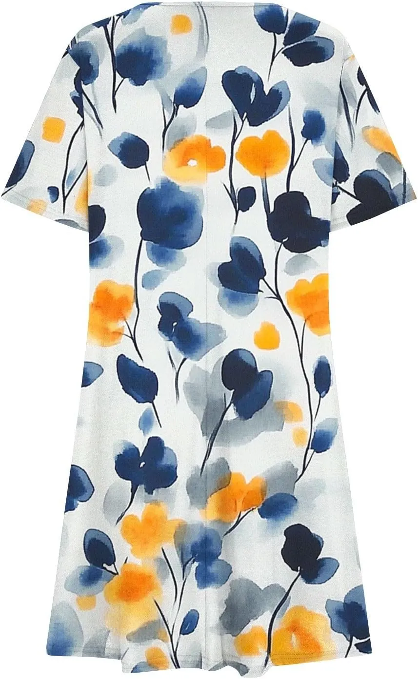 Women 2025 Mini Dresses Summer Casual Short Sleeve Cute Crew Neck Flowy Dress Loose Fit Floral Print Beach Dress
