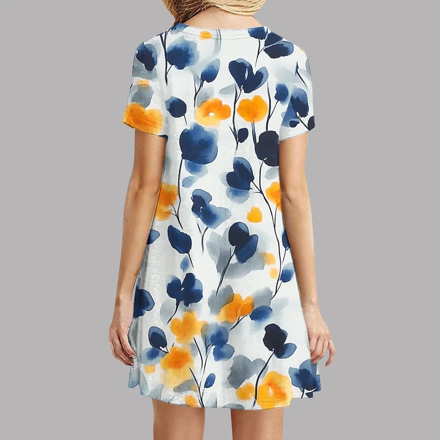 Women 2025 Mini Dresses Summer Casual Short Sleeve Cute Crew Neck Flowy Dress Loose Fit Floral Print Beach Dress