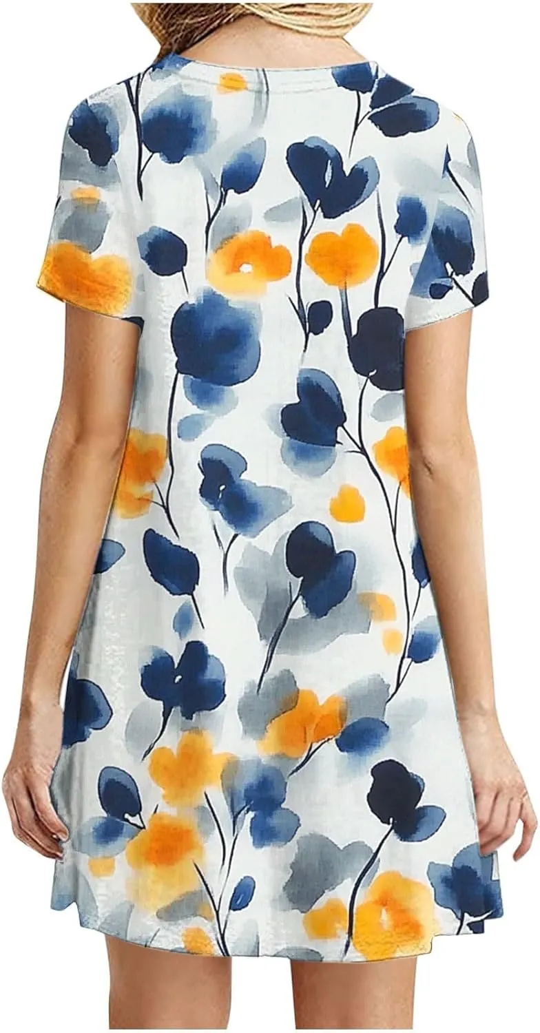 Women 2025 Mini Dresses Summer Casual Short Sleeve Cute Crew Neck Flowy Dress Loose Fit Floral Print Beach Dress