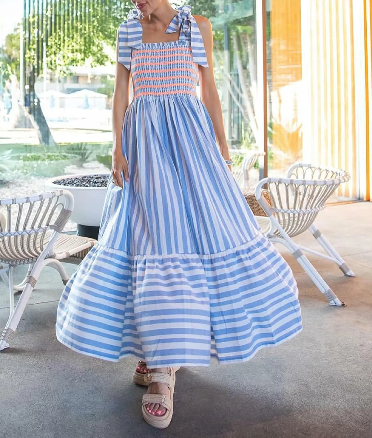 Women Boho Floral Tie Shoulder Maxi Dress Y2k Sleeveless Smocked Long Dress Square Neck Flowy Tiered Sundress Beach