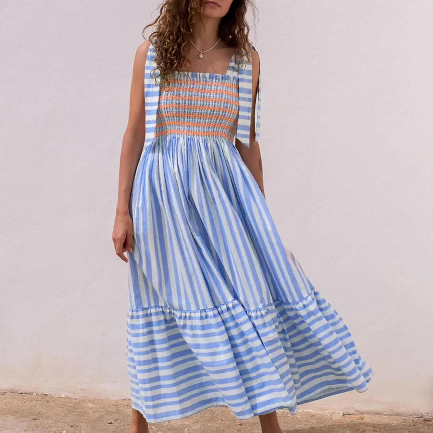 Women Boho Floral Tie Shoulder Maxi Dress Y2k Sleeveless Smocked Long Dress Square Neck Flowy Tiered Sundress Beach